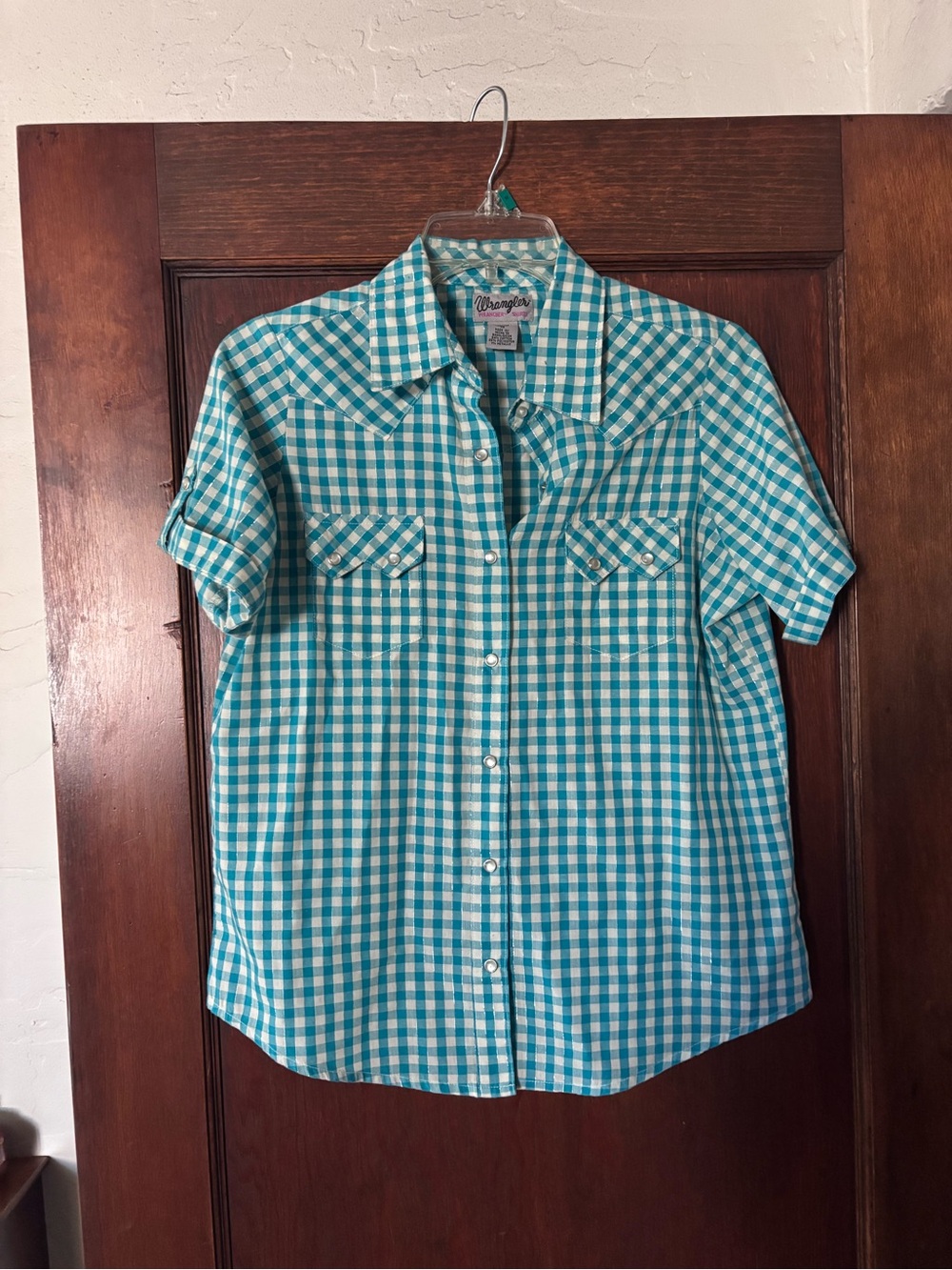 Wrangler Turquoise and White Gingham Western Shirt